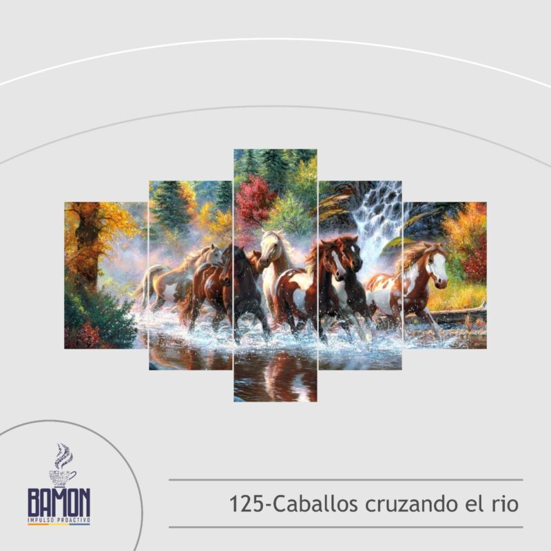 Multicuadro de 5 Piezas de Caballos Cruzando el Rio