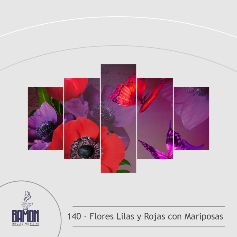 Multicuadro de 5 Piezas de Flores Lilas Rojas y Mariposas