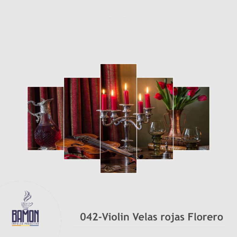 Multicuadro de 5 Piezas de Violin Velas rojas y Florero